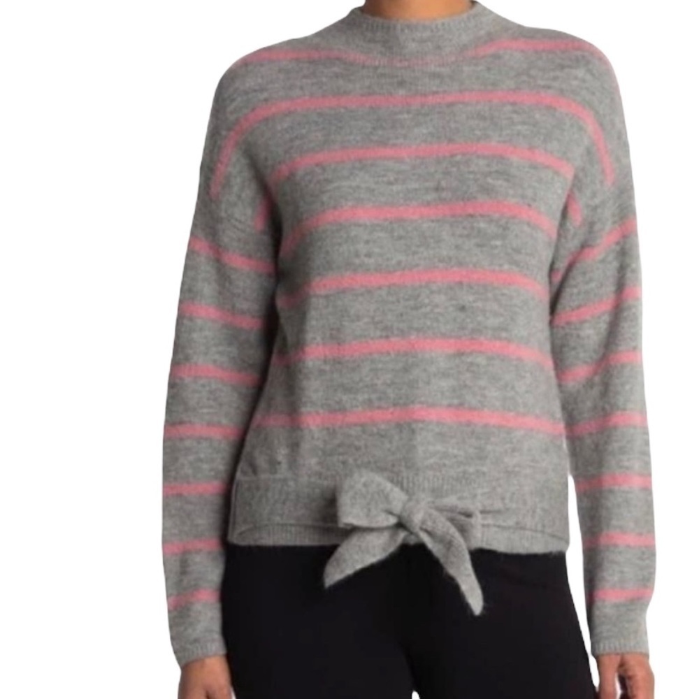 WAYF Where Are You From Mock Neck Tie Waist Sweater Light Grey Pink Stripe M New